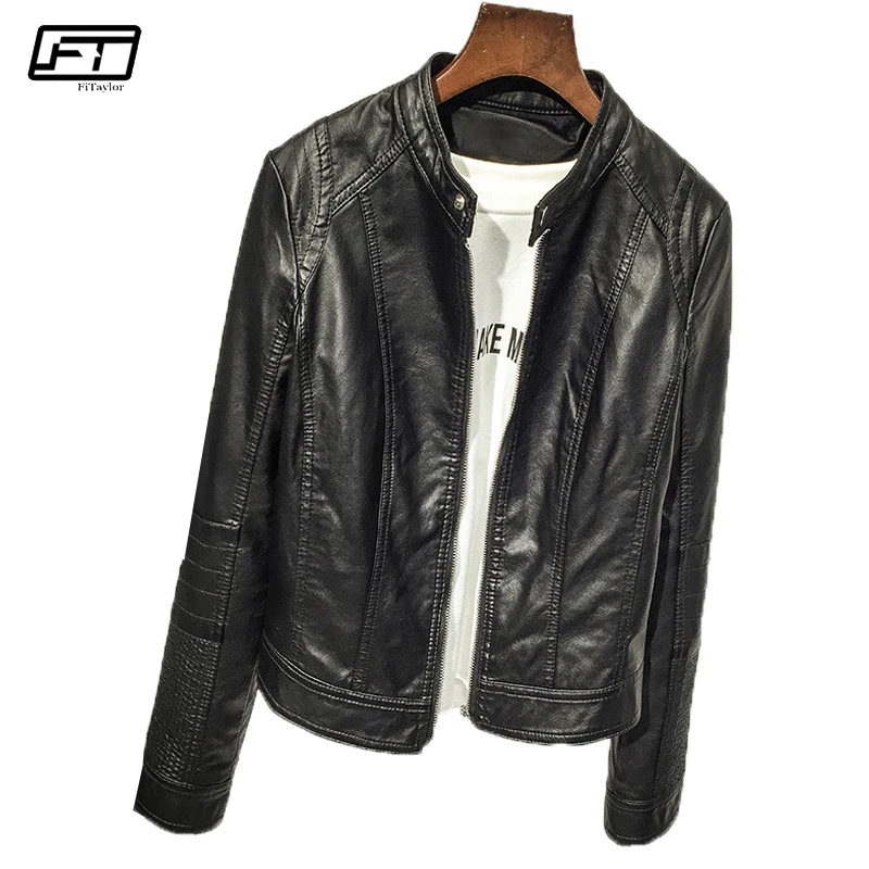 

Fitaylor Spring Autumn Fashion Moto & Biker Pu Faux Leather Jackets Women Short Coat Mandarin Collar Zipper Black Jacket Female