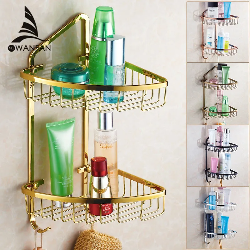 Wall Mounted Gold Finish NEW Brass Corner Bathroom Shower Shelf Bathroom Basket Holder Sanitary Ware Free Shipping HJ-827 gold finish brass bathroom hair dryer holder wall mounted