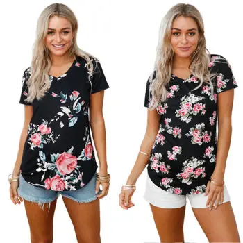 

Women Casual Floral Tops V-Neck Blouse Short Sleeve Blouse Ladies Summer Slim Tops