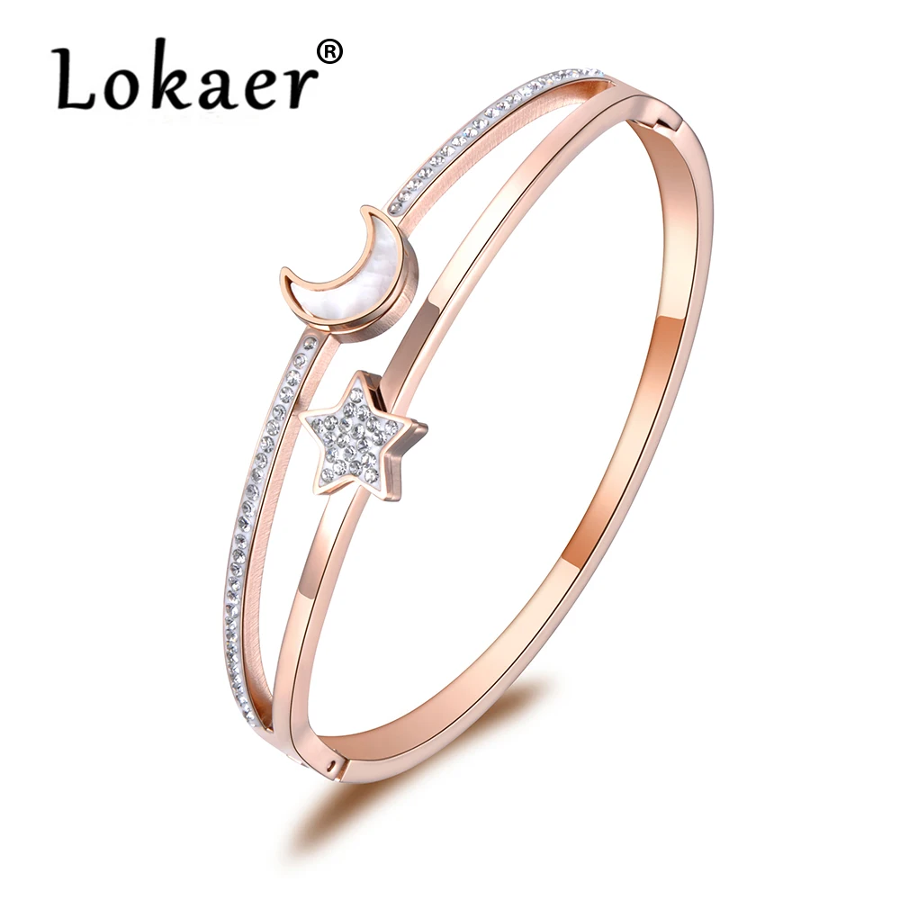 Lokaer Mosaic Rhinestone& Shell Lovers Moon Star Stainless Steel Bracelet Bangle Jewelry Rose Gold Viking Cuff Bracelets B19001