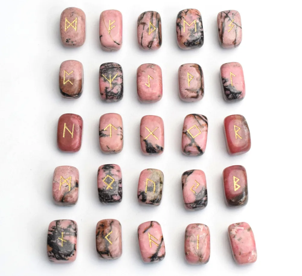 

0.6 x 0.4 INCHES Natural Small Size Rhodonite Rune Stone Engraved Pagan Lettering Wiccan Set with a Free Velvet Pouch