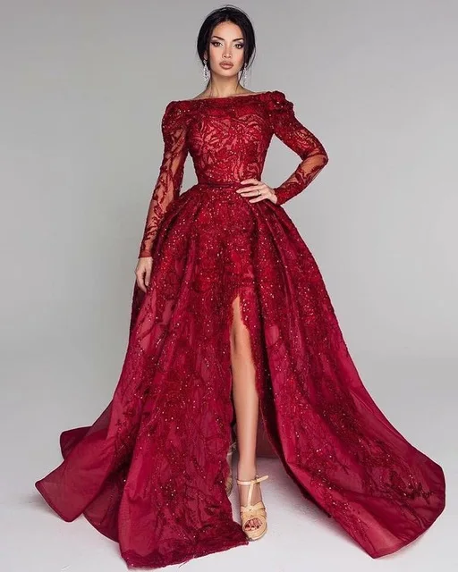Vestidos бордовое длинное вечернее платье с открытыми плечами с длинным рукавом с разрезом длина до пола Вечерние платья торжественные платья для выпускного - Цвет: Бежевый