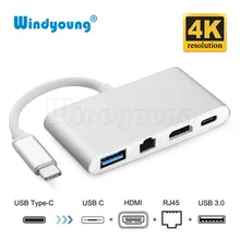 USB-C концентратор адаптер 4 в 1 USB 3,1 type C к HDMI 4K Gigabit Ethernet RJ45 USB 3,0 многопортовый цифровой видео конвертер