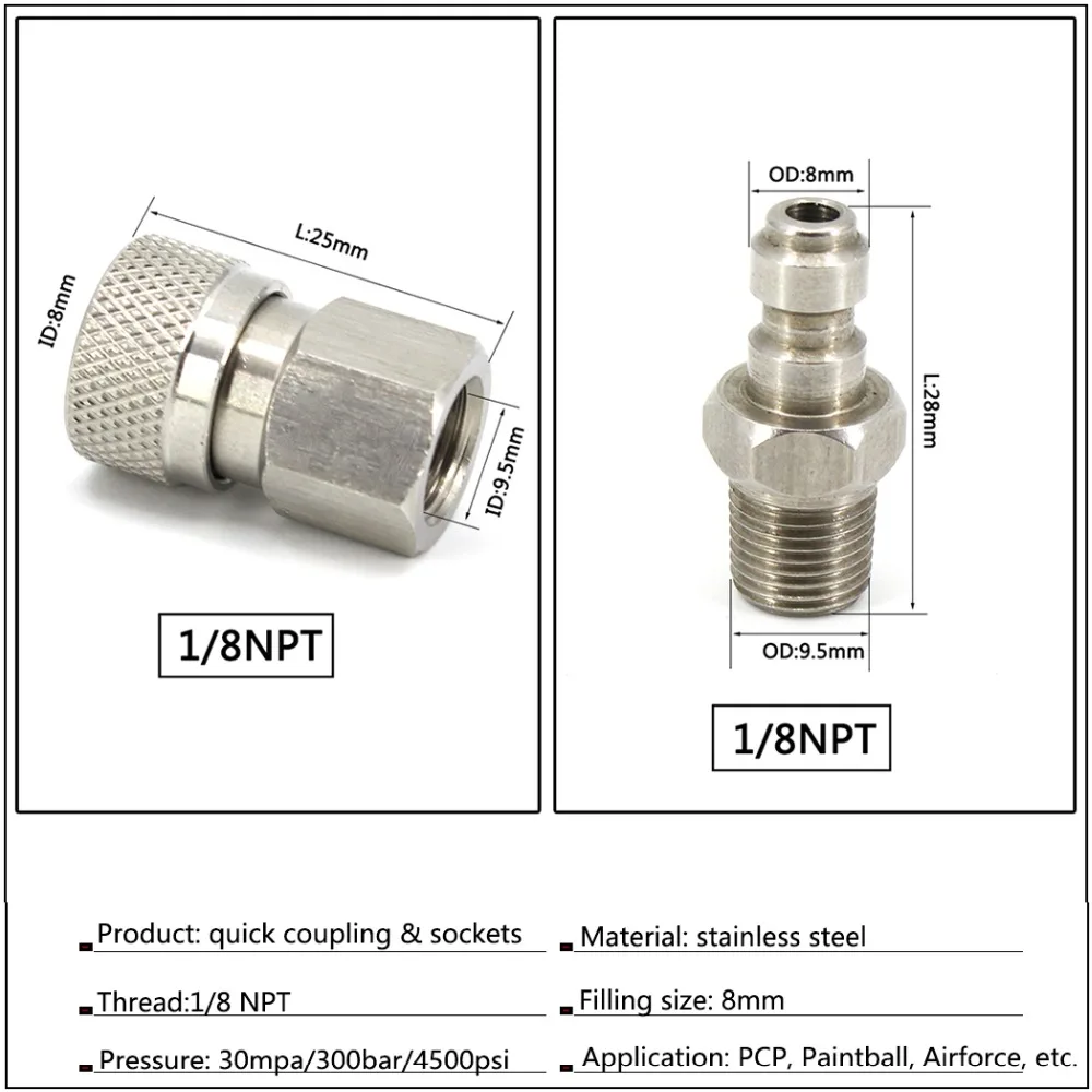 Пейнтбол PCP Airforce из нержавеющей стали 1/8NPT штекер Женский БЫСТРОРАЗЪЕМНАЯ муфта разъем фитинги розетка воздуха 2 шт./компл