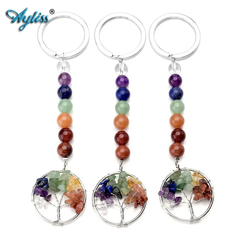 

Ayliss Latest Style 2017 1pc Tree of Life Keychain 7 Chakra Beads Natural Gem Stone Handmade Handbag Charm Purse Pendant Keyring