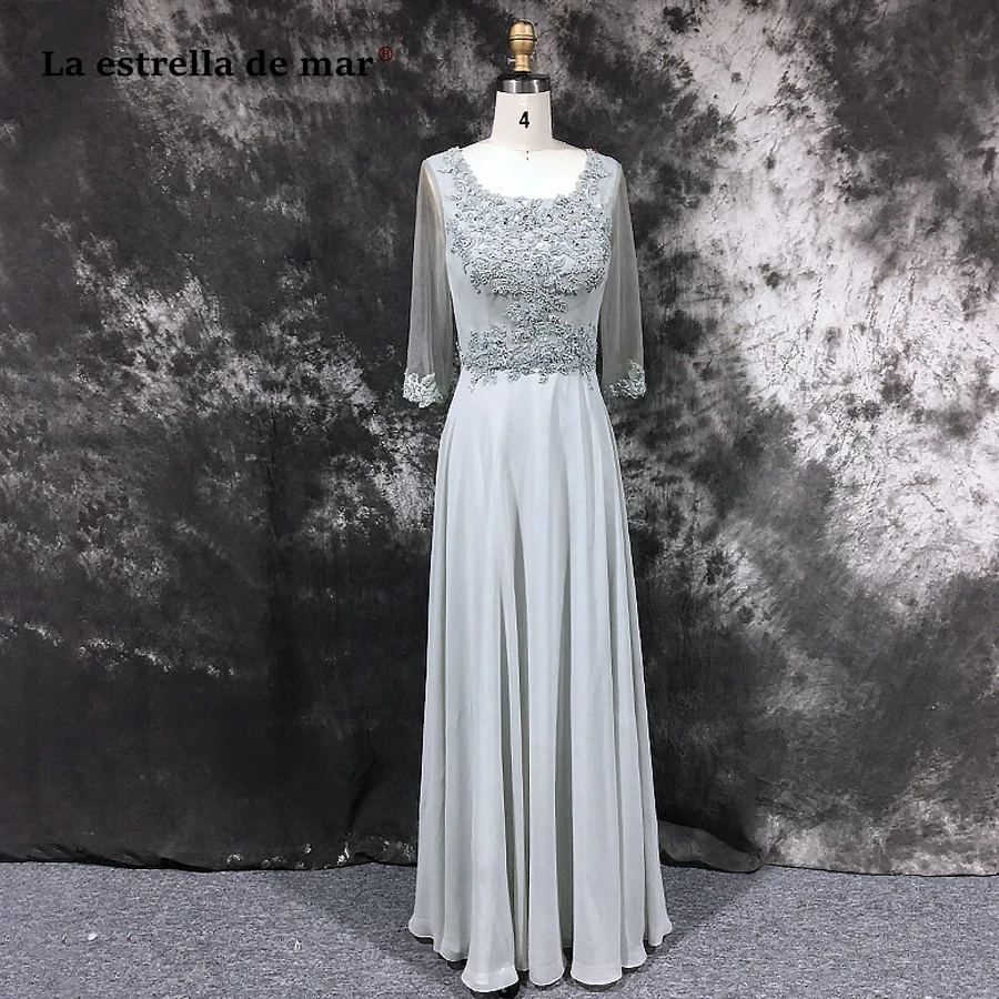 

robe de soiree longue 2019 lace chiffon long-sleeved Line silver gray evening dress long pretty cheap Arab Muslim abendkleid