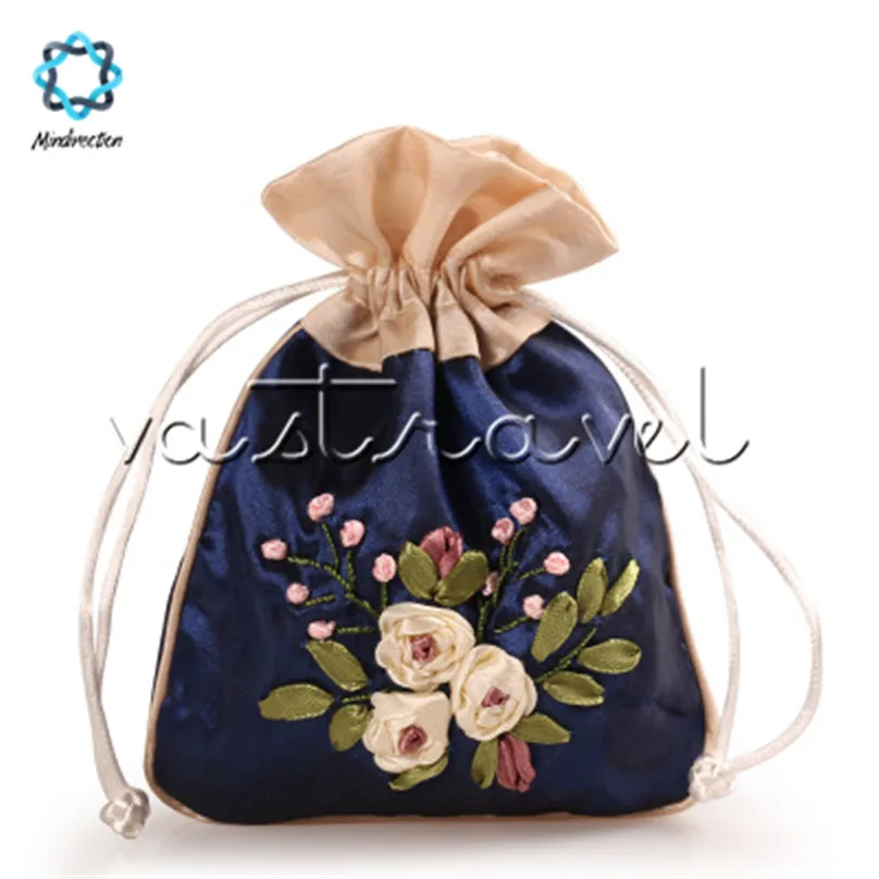 1Pcs Deep Blue Embroidery Drawstring Pouches Jewelry Wedding Favor Gift