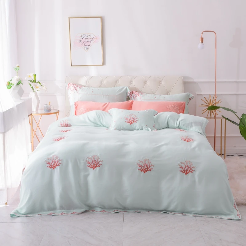 Summer Tencel Coral Embroidery Duvet Cover Set green Bed Sheet Pillow