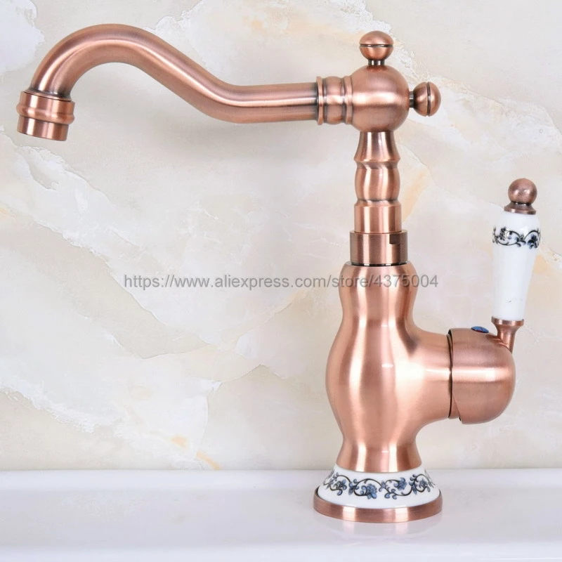 Antique Red Copper Bathroom Basin Faucet Hot Cold Mixer Tap Single Handle Basin Tap Mixer Tap Nnf639