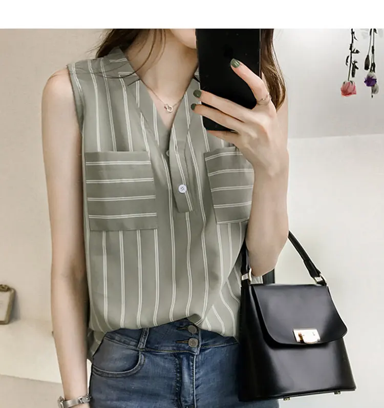2018 Summer Womens Tops And Blouses Plus Size Striped Shirts Ladies Pocket Chiffon Blouse Casual Sleeveless Blusas Mujer M-4XL (7)