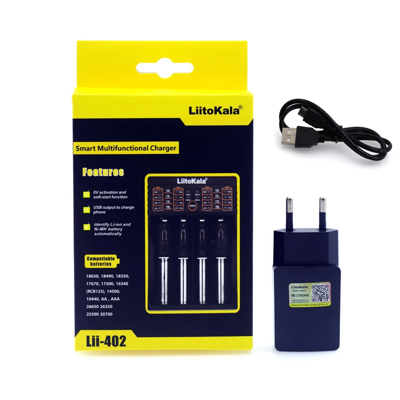 Умное устройство для зарядки никель-металлогидридных аккумуляторов от компании Liitokala: Lii-100 Lii-202 Lii-402 Lii-PD4 100B Батарея Зарядное устройство, Зарядка 18650 1,2 V 3,7 V 3,2 V 18350 26650 зарядное устройство для никель-металл-гидридных и литиевых Батарея - Цвет: Lii-402 and 5V 2A