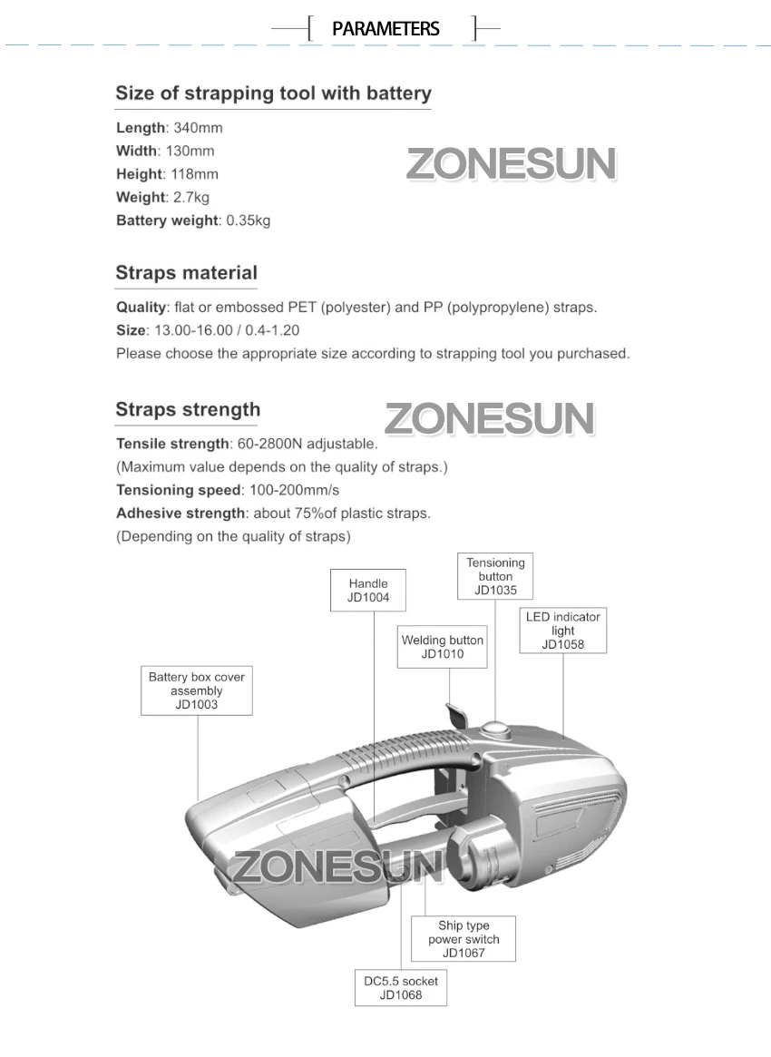 ZONESUN батарея обвязочные инструменты ручной ПП ПЭТ обвязочная машина пластиковый ремень упаковка батарея ремень Width13-16mm JD16