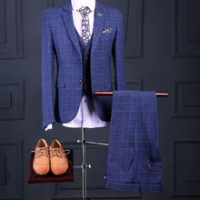 Синий твидовый мужской костюм из 3 предметов Свадебные смокинги для выпускного вечера Блейзер Masculino костюм жениха костюмы для торжественных обедов куртка+ брюки+ жилет