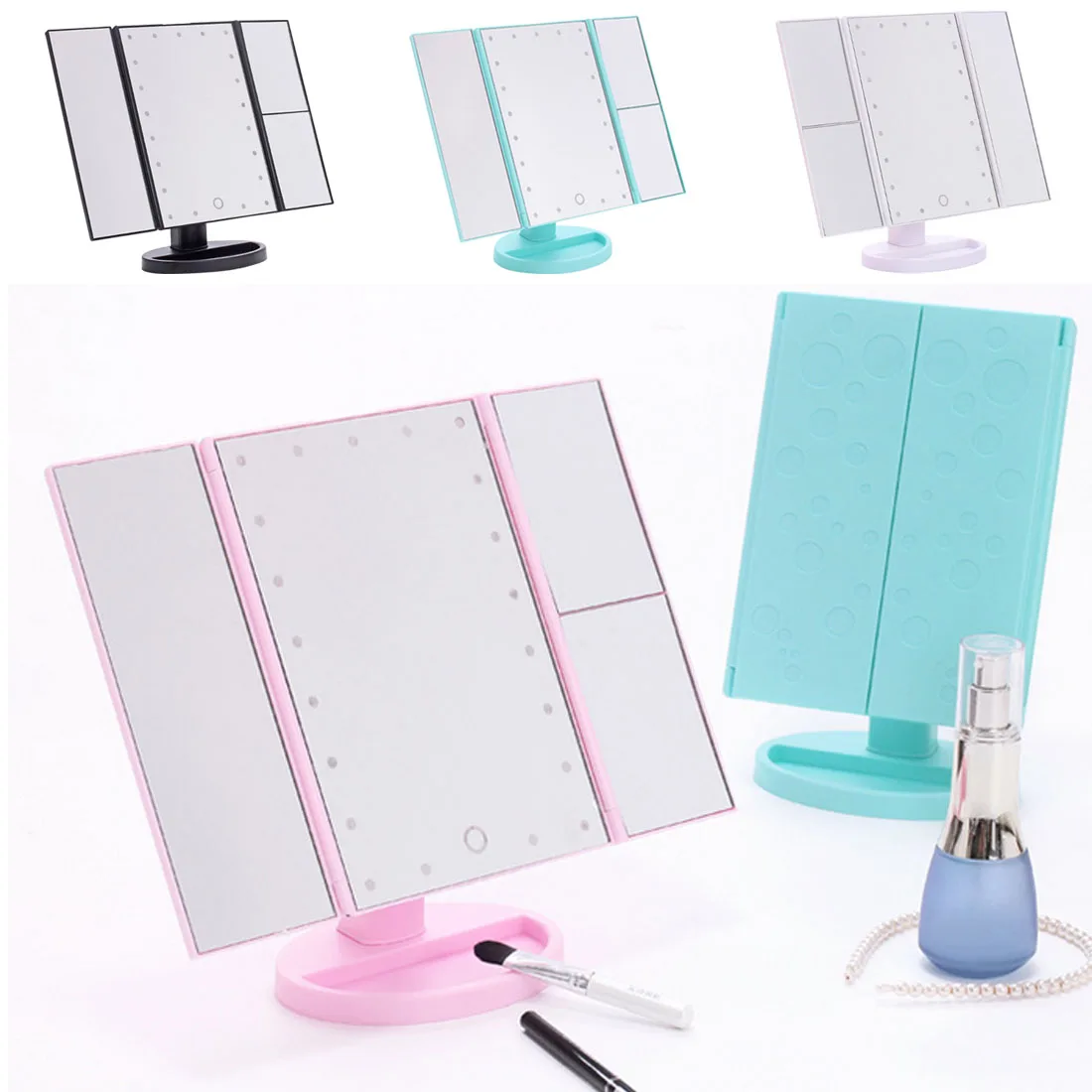 

Desktop Touch-Lighting Up Touch Screen Magnifiying 3 Folding Adjustable Beauty Mirror Makeup with LED Light Mirror.