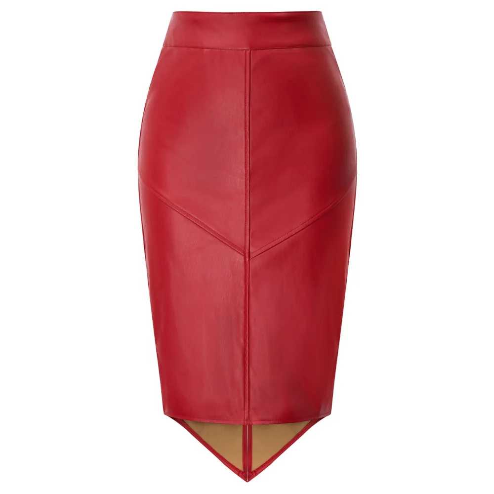 

GK Women's skirts Faux Leather Pencil Skirt Irregular Hem Back Split Hips-wrapped business office party work solid slim skirt