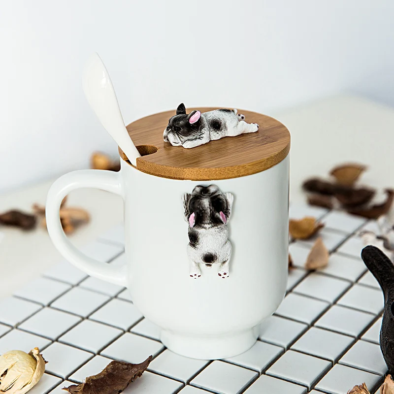 Creative cute puppy ceramic cup with lid spoon small animal mug lovers