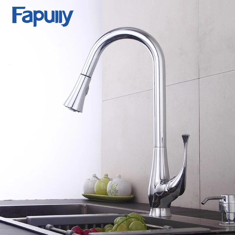 Fapully Brass Flexible Pull Out Kitchen Faucet Mixer Chrome Water Taps 360 Degree Rotation Kitchen Mixer Sink Faucets 545-33C