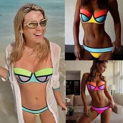 2015 Promotion Rushed Print Low Waist Bikinis Sexy Womens Neoprene Triangle Bikini Push-up Padded Swimsuit Swimwear Beachwear |