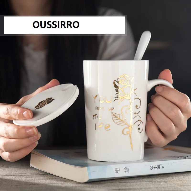 

OUSSIRRO 420ml Ceramic Coffee Mugs Constellation Love Theme Lucky Mug With Lid and Spoon Birthday Gift for Friends