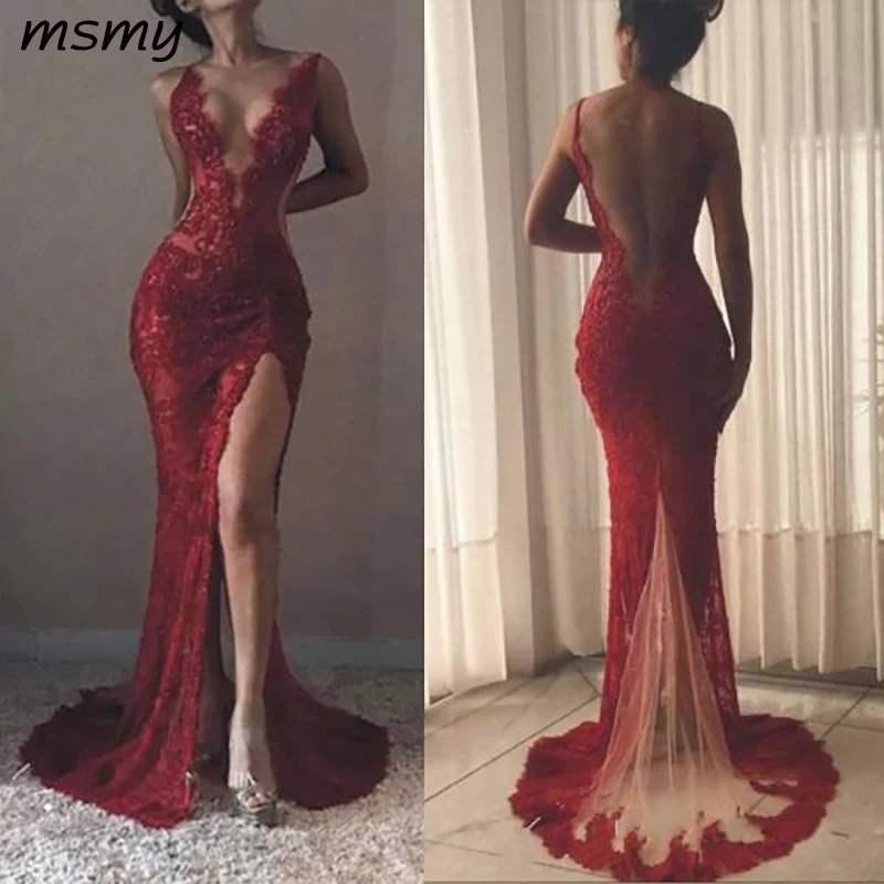 Charming Elegant Red Full Lace Mermaid ELegant Side Split Prom Dresses 159