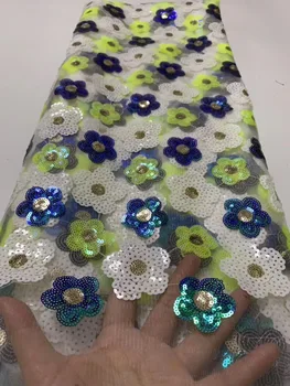 

2019 Yellow African 3D Sequins Lace Fabric Green Lace French Sequence White Tulle Lace Nigerian Lace Fabrics For Wedding Dress