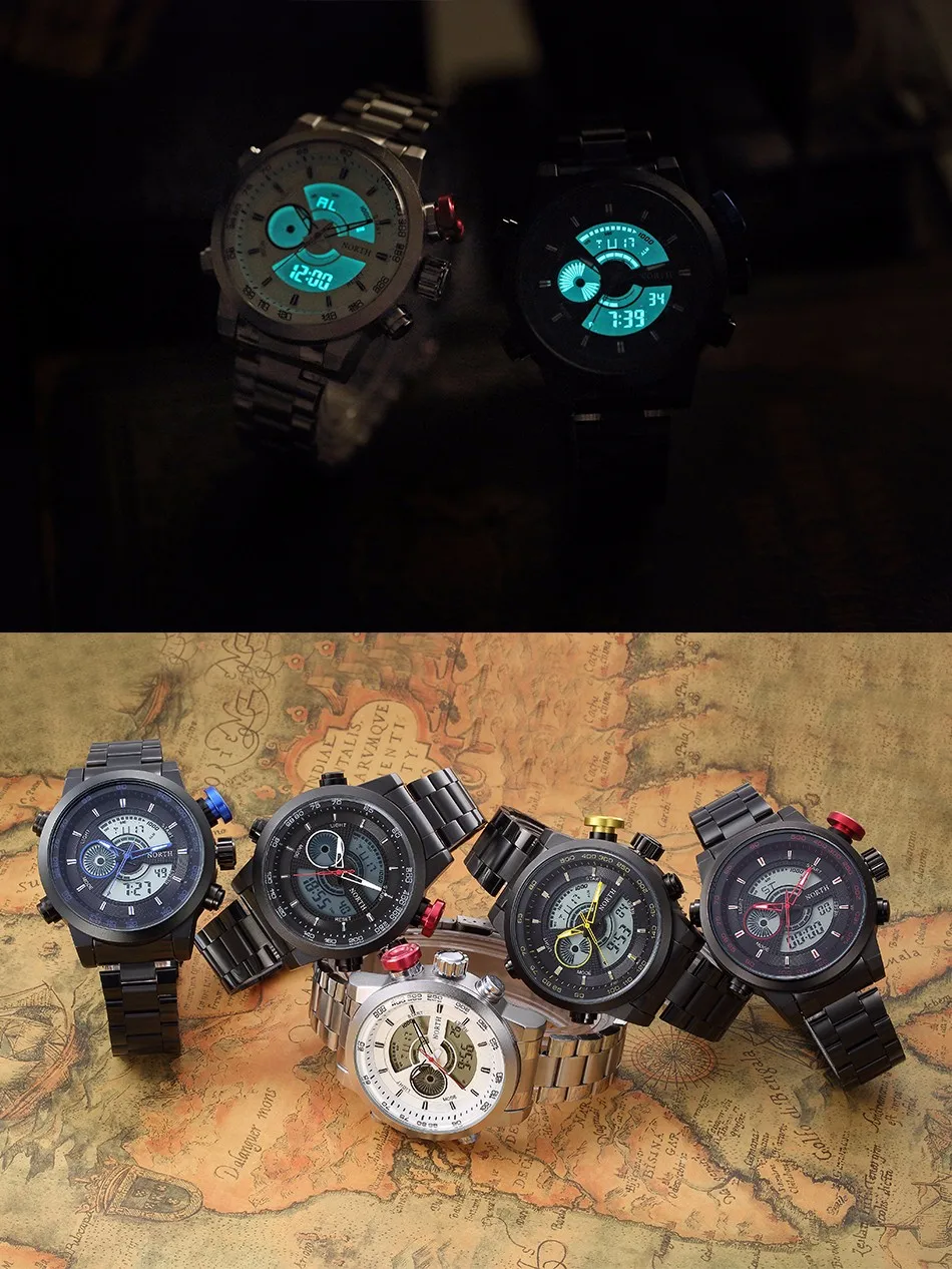 NORTH часы мужские роскошные Брендовые спортивные светодиодный цифровые часы из нержавеющей стали водонепроницаемые кварцевые наручные часы Мужские часы