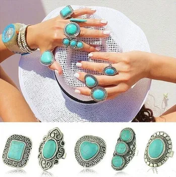 

Bohemia Retro exaggerated adjustable geometric irregularly inlaid green stone ring 8RD89