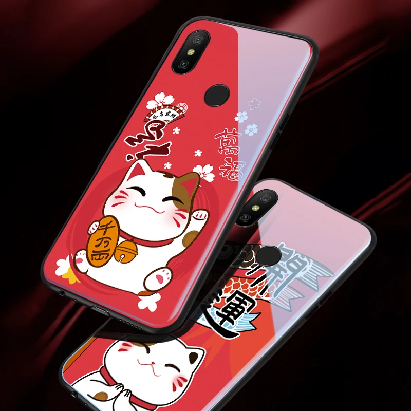 

Fashion Lucky Cat Anime Mobile Phone Cases For Xiaomi Redmi Note 5 Pro / S2 Christmas Glass Luxury Cover For Redmi Note 6 7 Pro