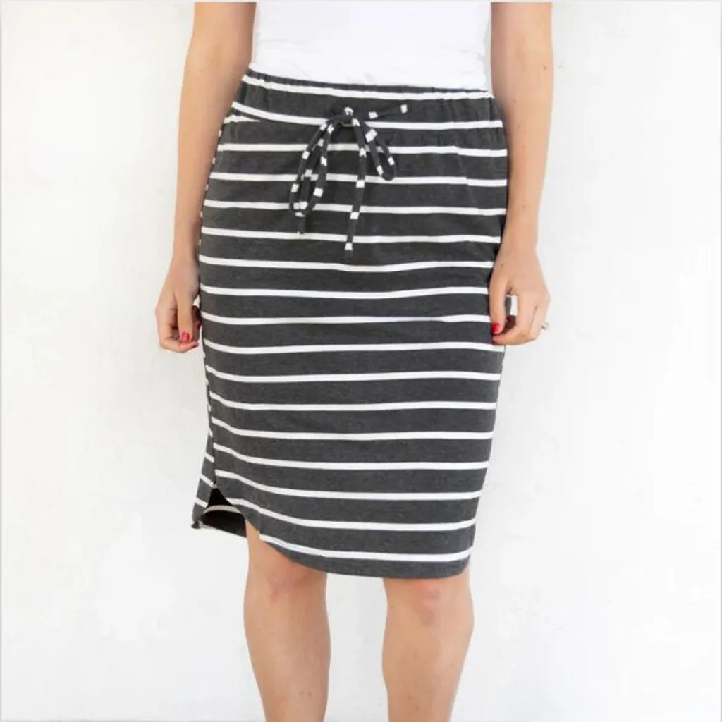 

2019 New Autumn Summer Elegant Knee-Length Skirts Womens Sexy Fashion Hight Waist Stripe Skirt Elastic Skirt Faldas Mujer