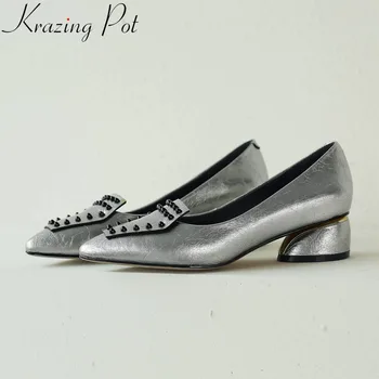 

Krazing Pot plus size office lady superstars rivets decoration slip on dress suit women pumps pointed toe chunky heels shoes L22
