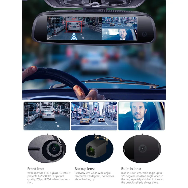  4G ADAS 3 Channel 4 Cores 2G RAM 32G ROM Android Car DVR Rearview Mirror GPS FHD 1080P Dash Camera 