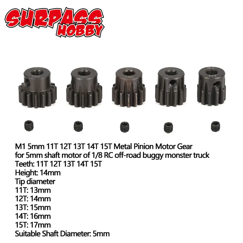 SURPASS HOBBY 5 шт. M1 5 мм 11 T-15 T/15 T-19 T/18 T-22 T/металлическая Шестерня мотор-редуктор Набор для 1/8 RC автомобиль грузовик щеточный бесщеточный мотор - Цвет: 11T-15T