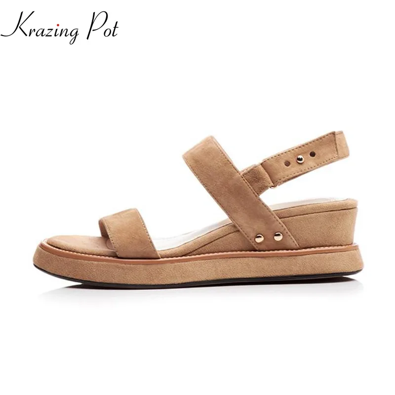 

Krazing Pot fashion 2019 new sheep suede ankle strap med heels Roma concise wedges vintage summer preppy women sandals shoes L02