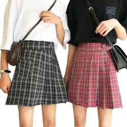 Женская юбка 2019 Новая летняя Женская Harajuku полосатая плиссированная юбка Свободная винтажная цветная клетчатая юбка на пуговицах #8062