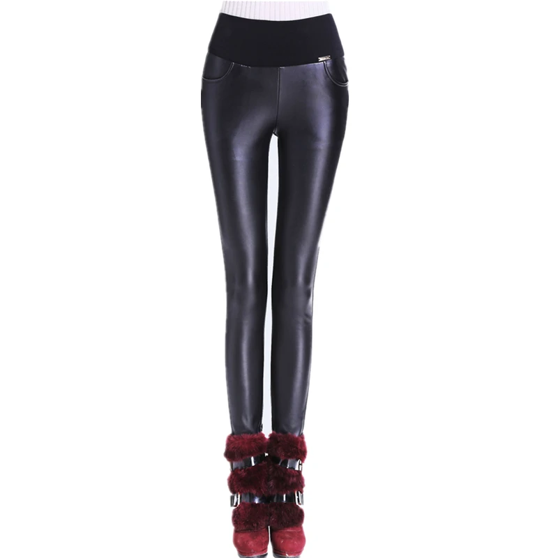 Slim new winter plus velvet matt elastic High waist PU leather Trousers ladies outer wear pants bottoming Women Leggings Z1813
