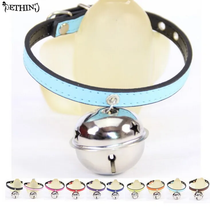 New big bell puppy pet collar PU leather Candy color small ...