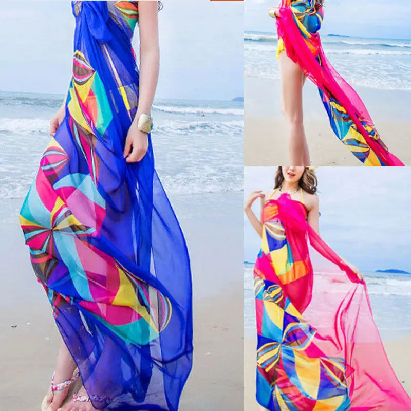 swimsuit cover beach cover Women Flower Print Chiffon Bikini Cover Up Beach Swimwear Dress Scarf Pareo Sarong Wrap