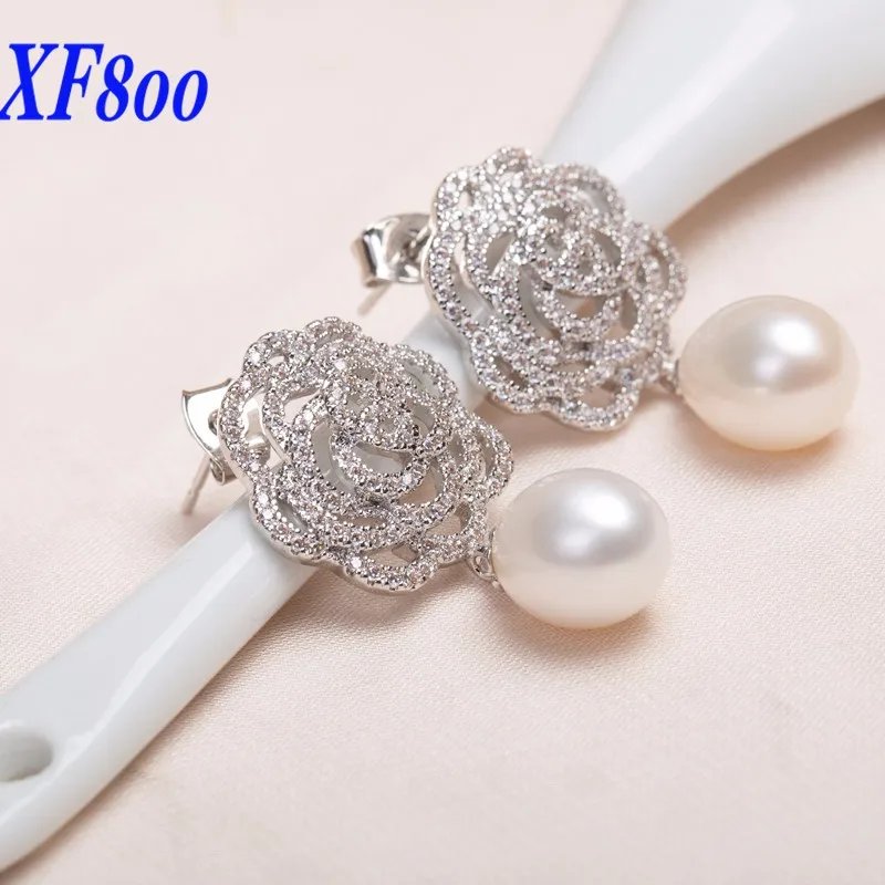 XF800 бренд 925 стерлингового серебра жемчужные серьги в виде капель, размером 8-9 мм натуральные пресноводные жемчужные серьги, лучший подарок для женщин E1211