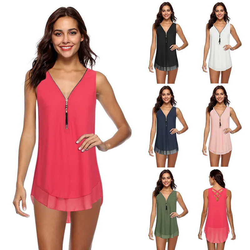 LASPERAL Sleeveless Chiffon Blouses Summer Women Vest Chiffon Tank Top Boho Plus Size Tops Solid Female Blusa Beach Summer Tops Blouses