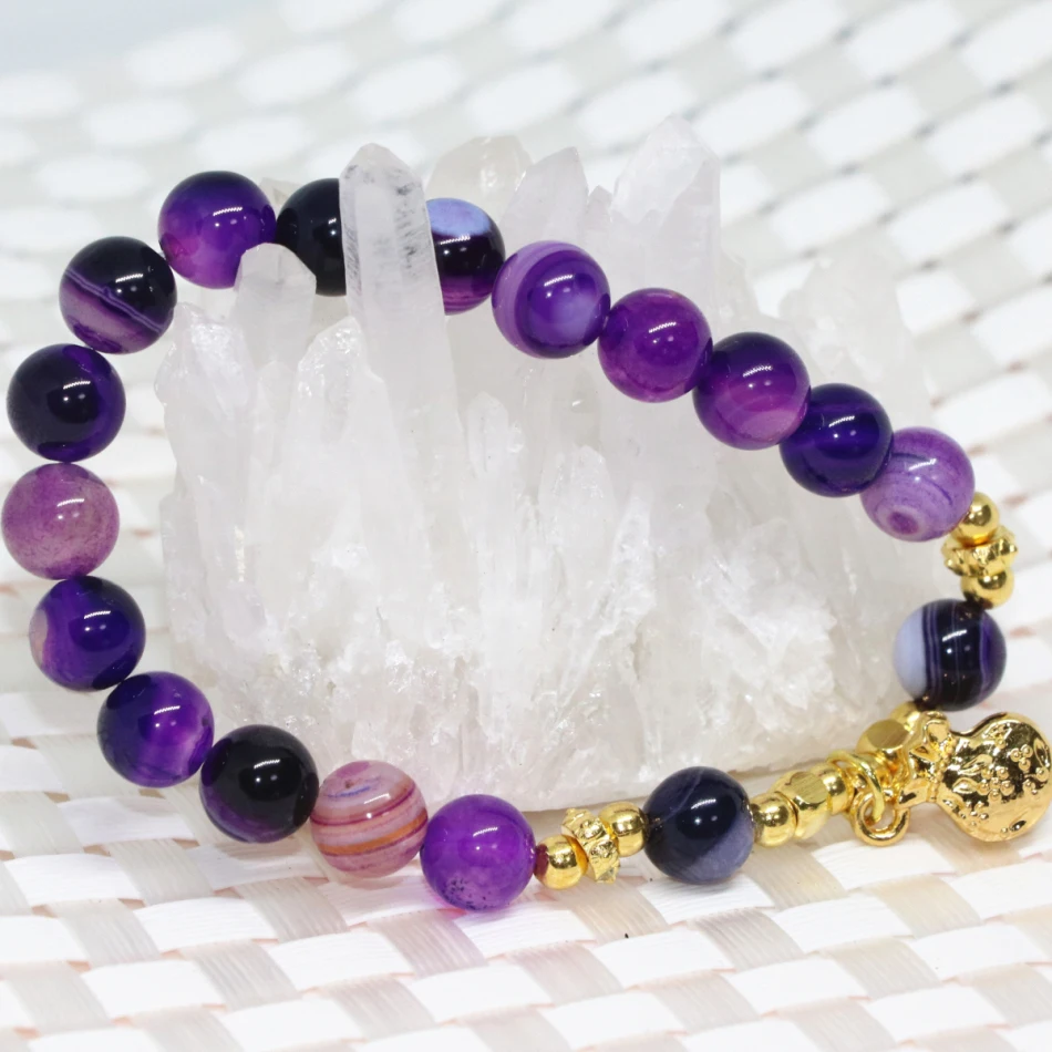 Natural semi precious stone beaded bracelets purple veins agat onyx ...