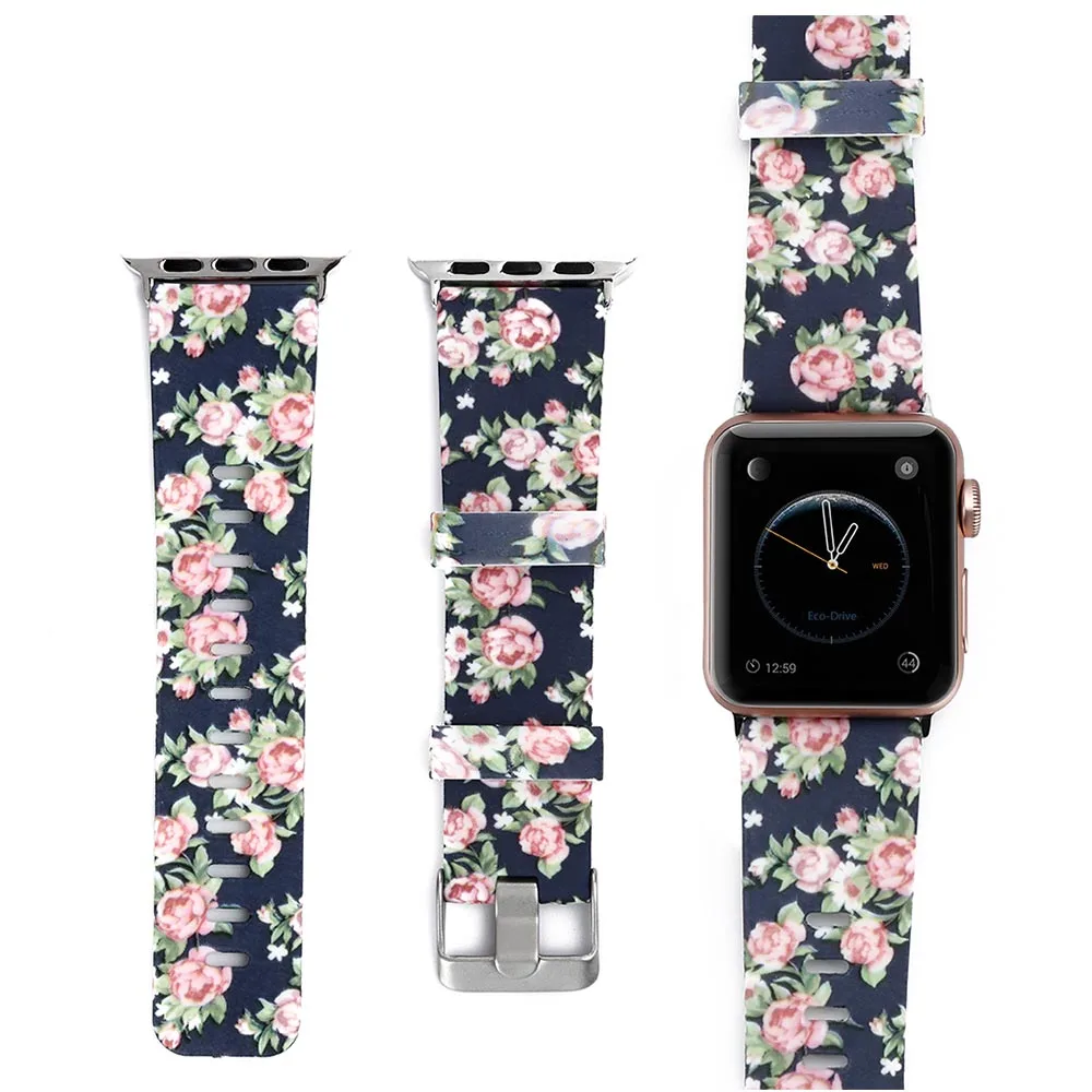 Ремешок силиконовый для Apple watch Series 6 5 4 3 2 1 SE браслет с цветочным принтом iWatch 38 мм 42