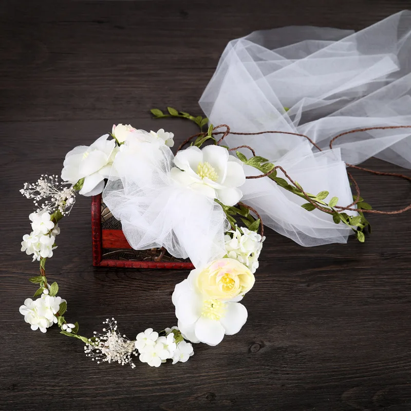 Bohemia Beach Long Bridal Veil With Flowers Crown Pink Flower Hand Tulle Edge Embroidery Two Tier Veil Wedding Accessories White