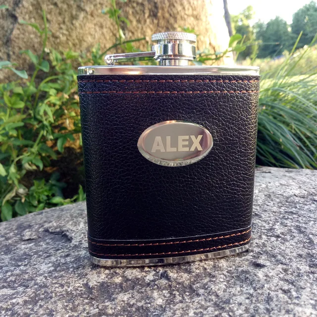 6oz 9oz personalized hip flask custom black leather stainless steel