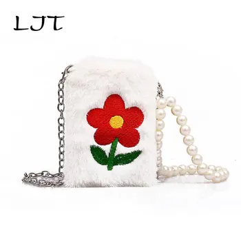 

LJT Pearl Mobile Phone Bag 2019 Embroidery Sun Fower Fairy Shoulder Messenger Bag Lady's Chain Mini Party Evening Weddig Bag