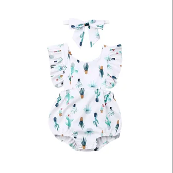 

0-24M Cute Newborn Baby Boy Girl Ruffles Sleeve Cactus Print Baby Bodysuit Jumpsuit Headband 2PCS Baby Clothes