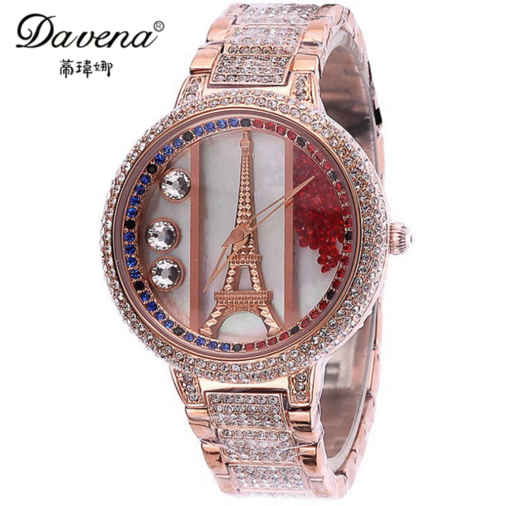 

Ladies Eiffel Wristwatch Women Dress Rhinestone Watches Fashion Casual Quartz Watch Steel Band Luxury Brand Davena 60129 Clock