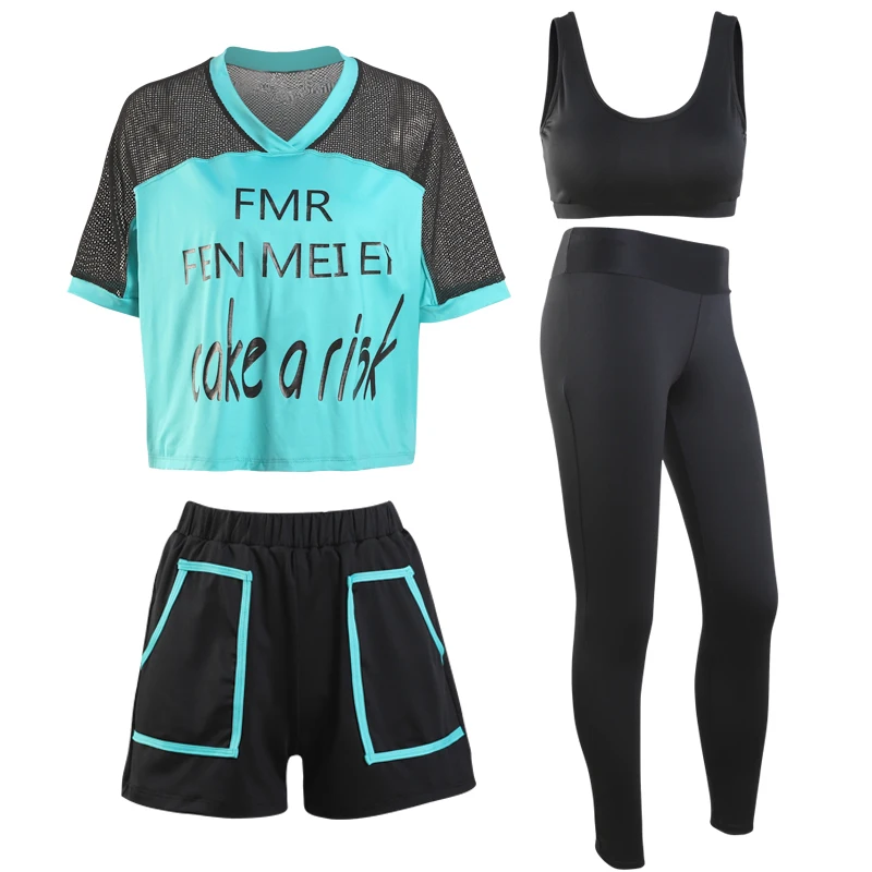 

Brand Sunmmer High Quality Fitness Women 4 Pieces Yoga Set Black Bra & Shorts &Yoga Pants Gym Clothes Sport Wear Outdoor Jogging