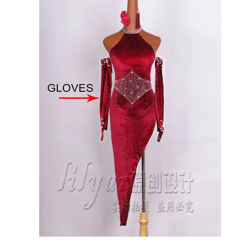 Dress and gloves Латинский танцевальный костюм для выступлений представление сексуальный тонкий винный красный китайский воротник cheongsam сторона Высокая Вилка - Цвет: Dress and gloves