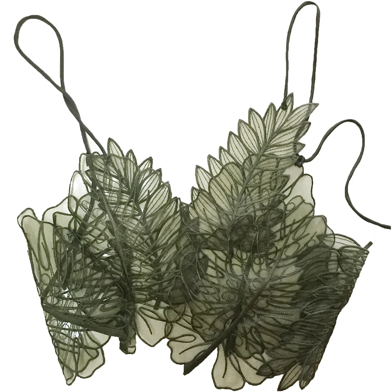 Женская майка, Зеленая прозрачная одежда, топ, пикантные майки с вышивкой, сексуальная майка с листьями органзы, укороченный топ Женская майка, Зеленая прозрачная одежда, топ, пикантные майки с вышивкой, сексуальная майка с листьями органзы, укороченный топ