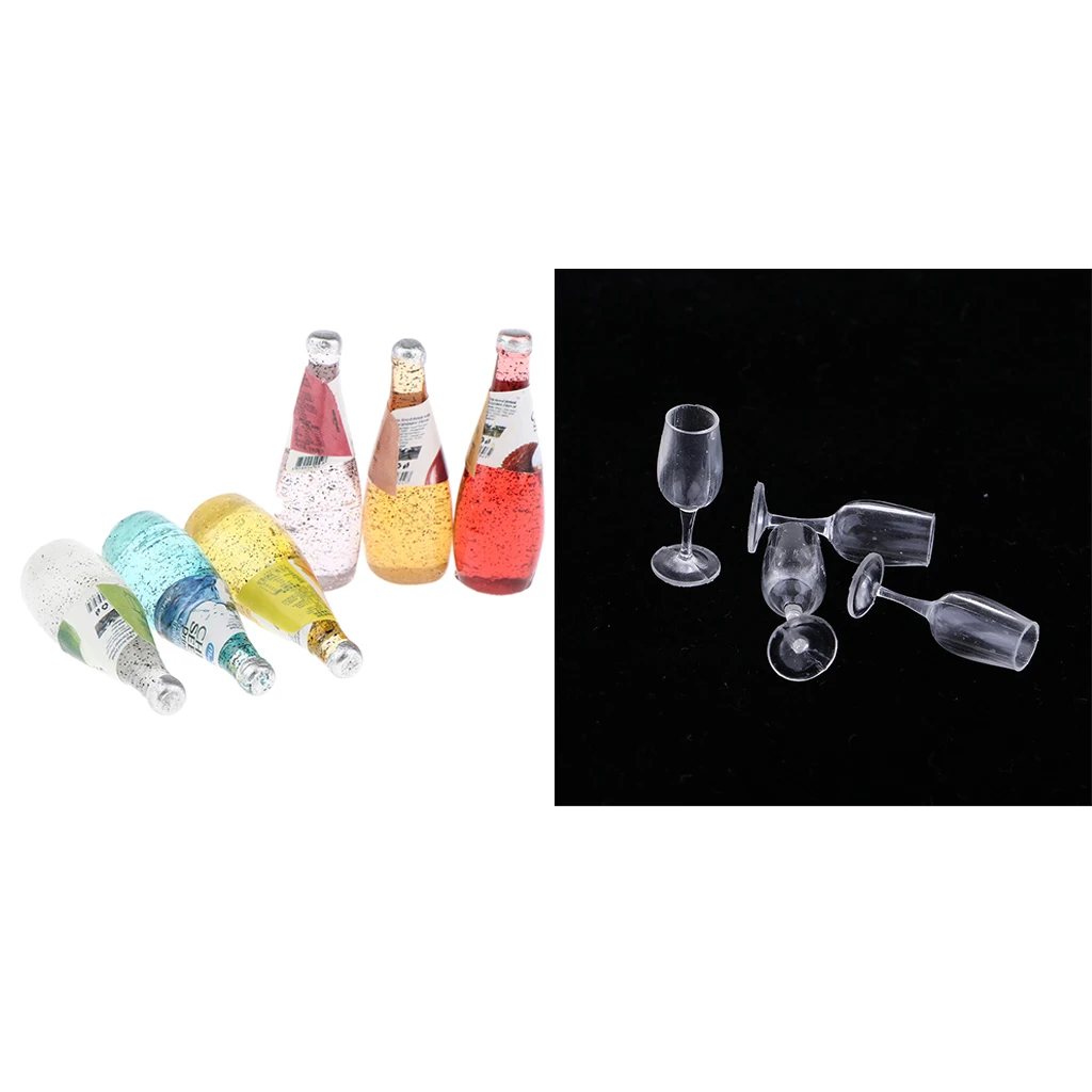 10 Pieces Cocktail Bottles & Goblets for 1/12 Scale Dollhouse Kitchen Dining Room Miniatures Accessories
